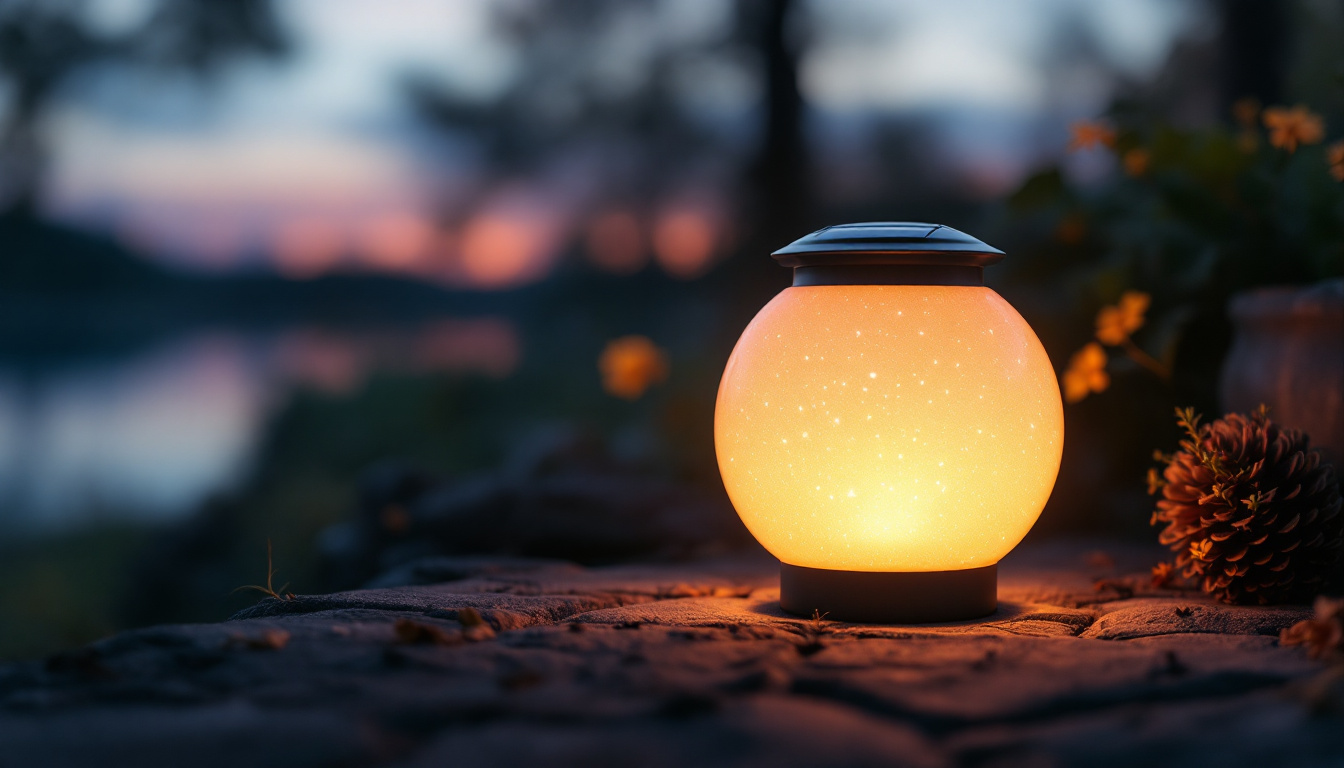 A photograph of a beautifully designed round solar lantern glowing in a serene outdoor setting during twilight