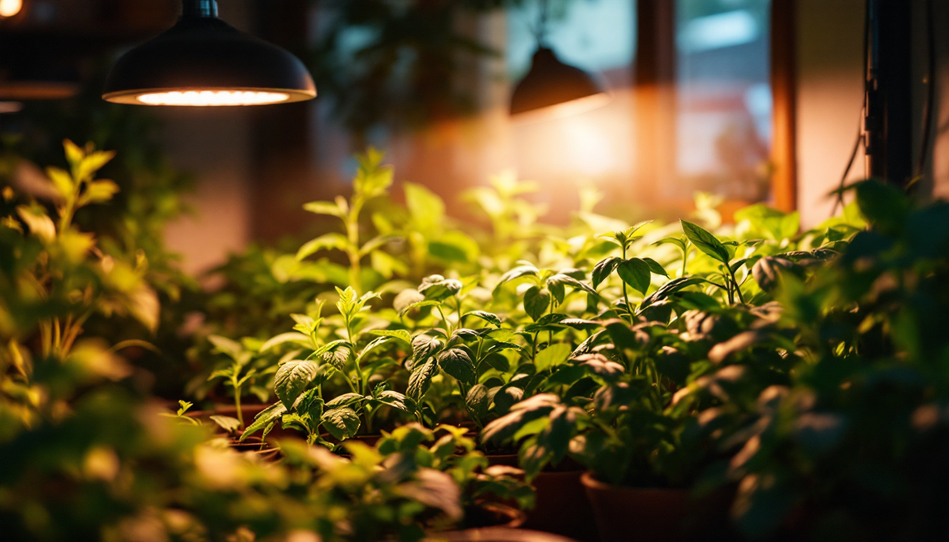 A photograph of a vibrant indoor garden setup illuminated by a 1000-watt grow light