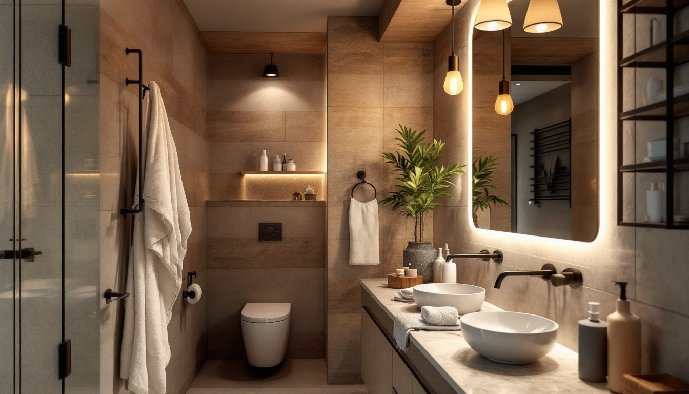 A photograph of a beautifully designed bathroom with strategically placed lighting fixtures
