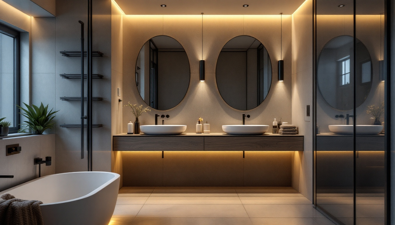 A photograph of a modern bathroom featuring stylish pot lights that illuminate the space