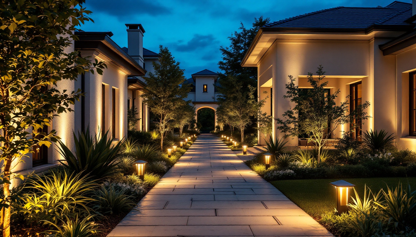 A photograph of a beautifully lit outdoor space showcasing white exterior lights illuminating architectural features