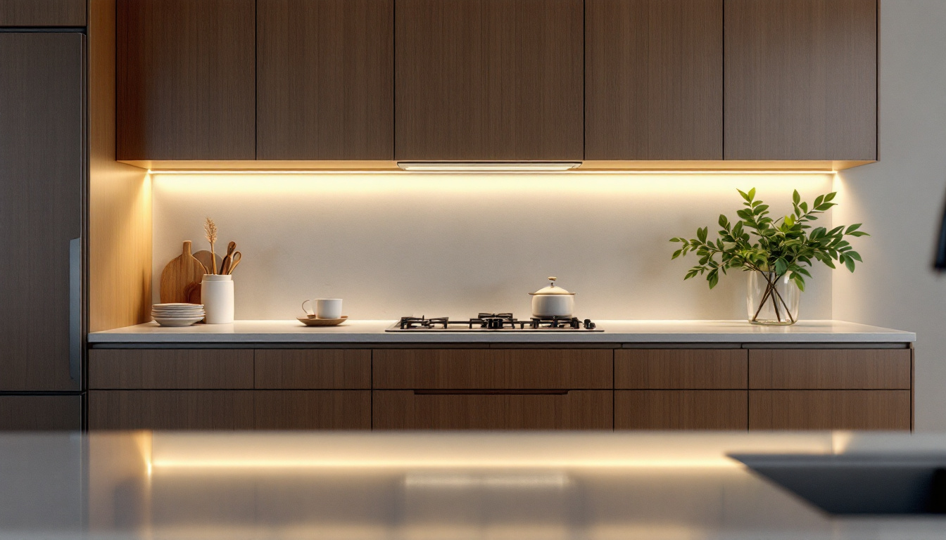 A photograph of a stylish kitchen featuring under cabinet tape lighting