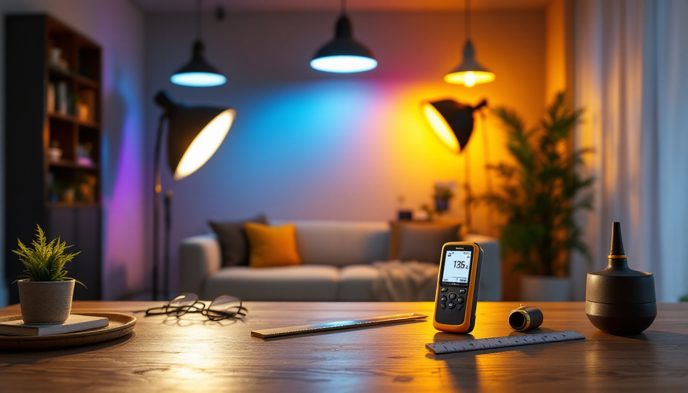 A photograph of a well-lit room showcasing various lighting fixtures from sunpark