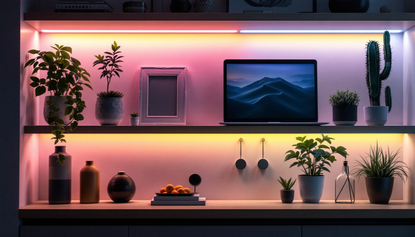 A photograph of a well-lit shelf showcasing vibrant led strip lighting that highlights various decorative items