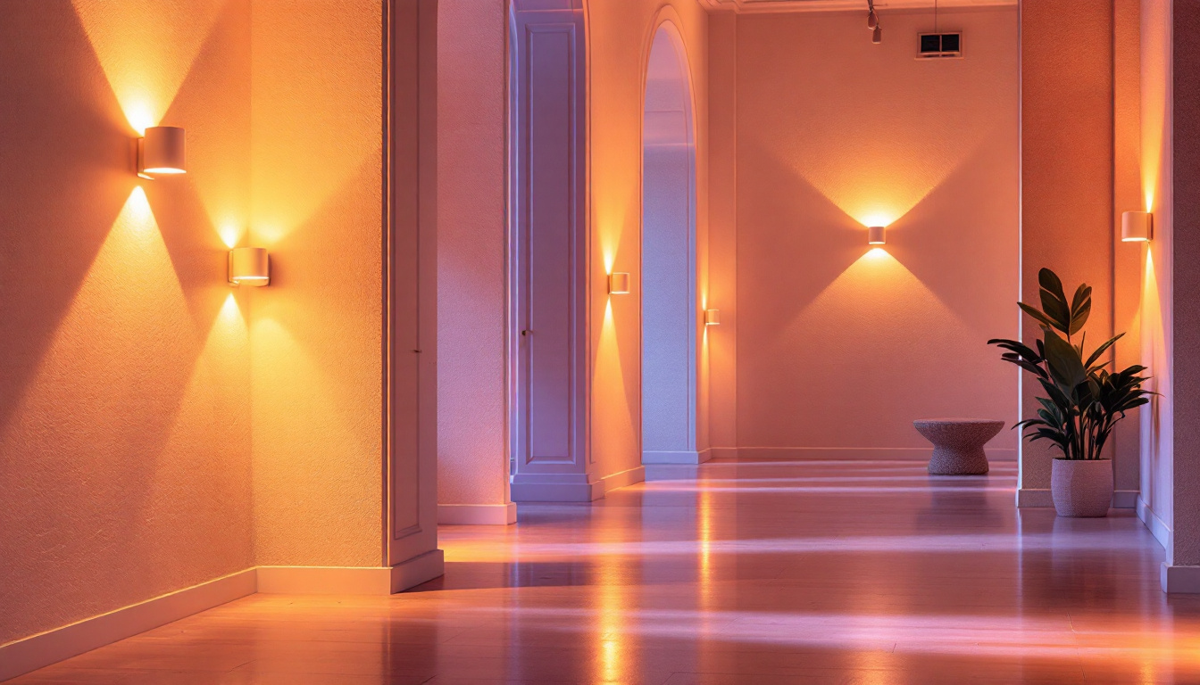 A photograph of a well-lit interior space featuring strategically placed wall lights that highlight architectural details