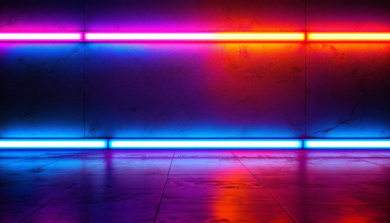 A photograph of a vibrant light strip installation on a textured wall