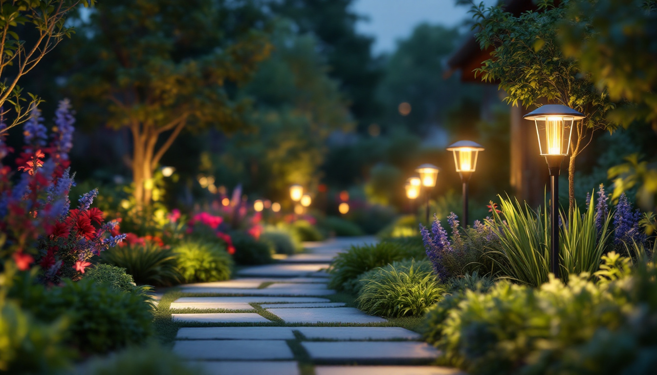 A photograph of a beautifully landscaped garden at dusk