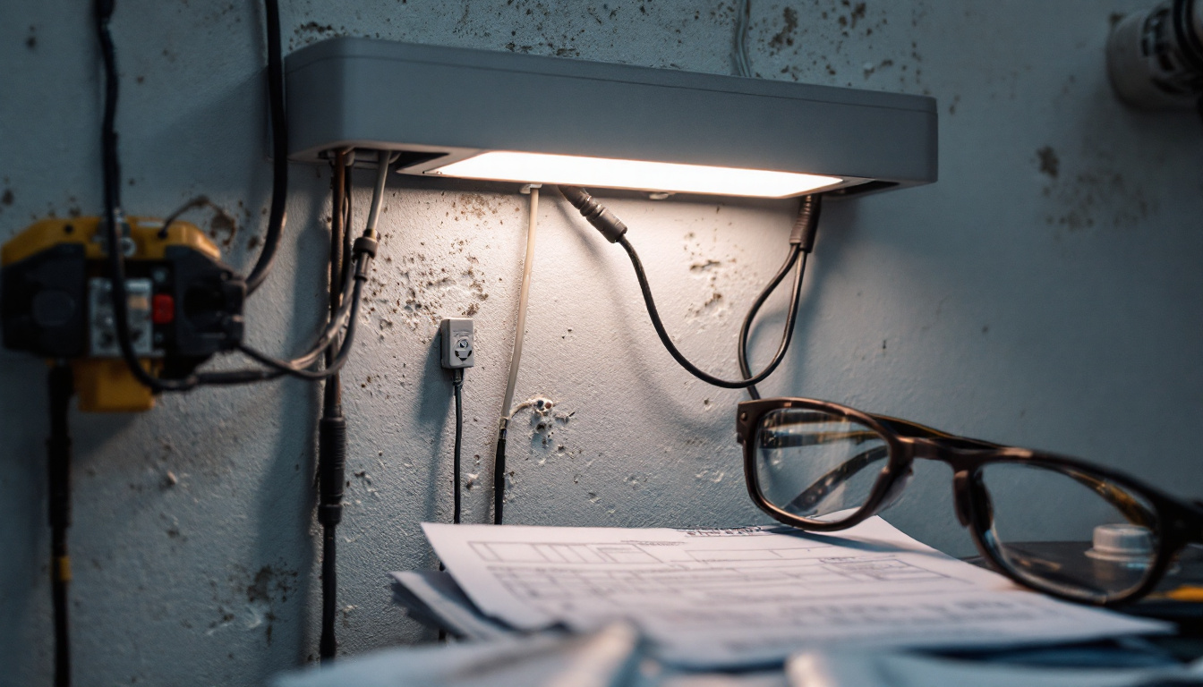 A photograph of a close-up view of a light surface-mounted fixture installed on a wall