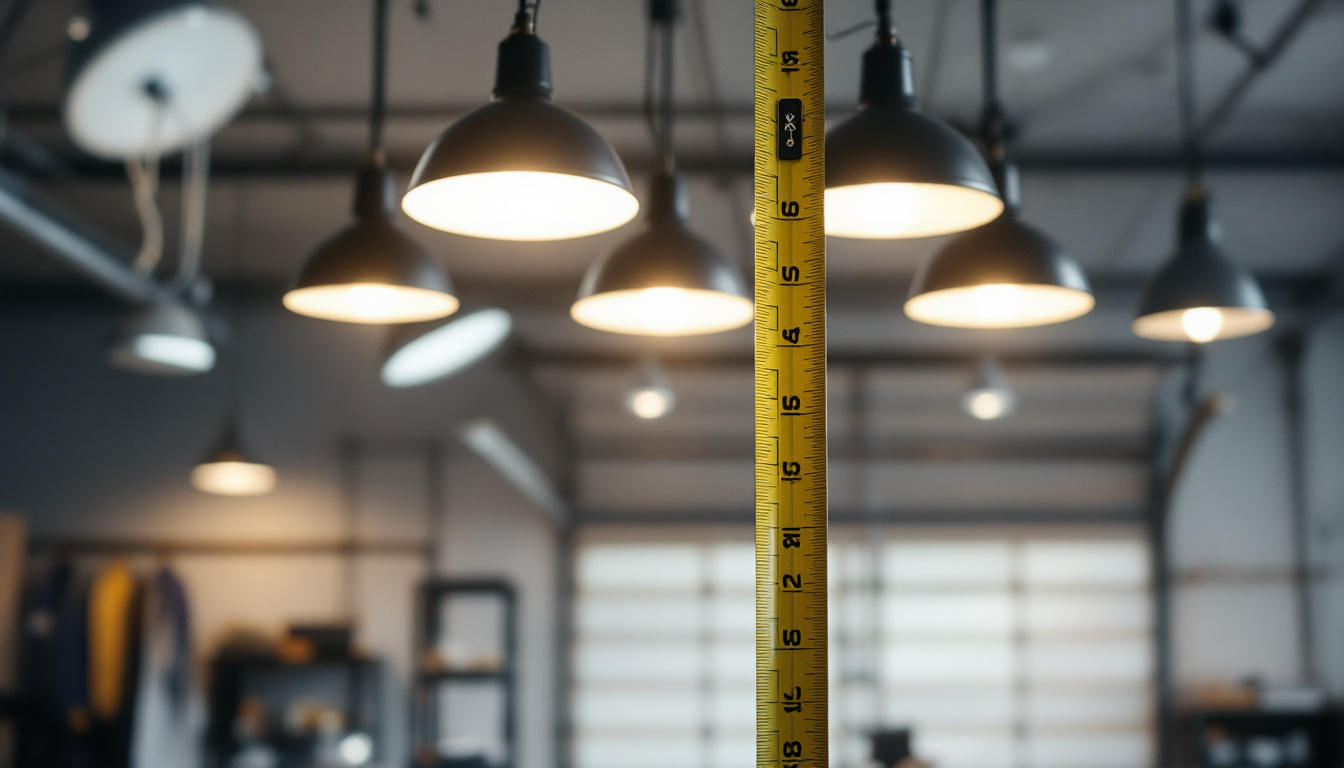 A photograph of a well-lit garage interior showcasing various hanging light fixtures at different heights