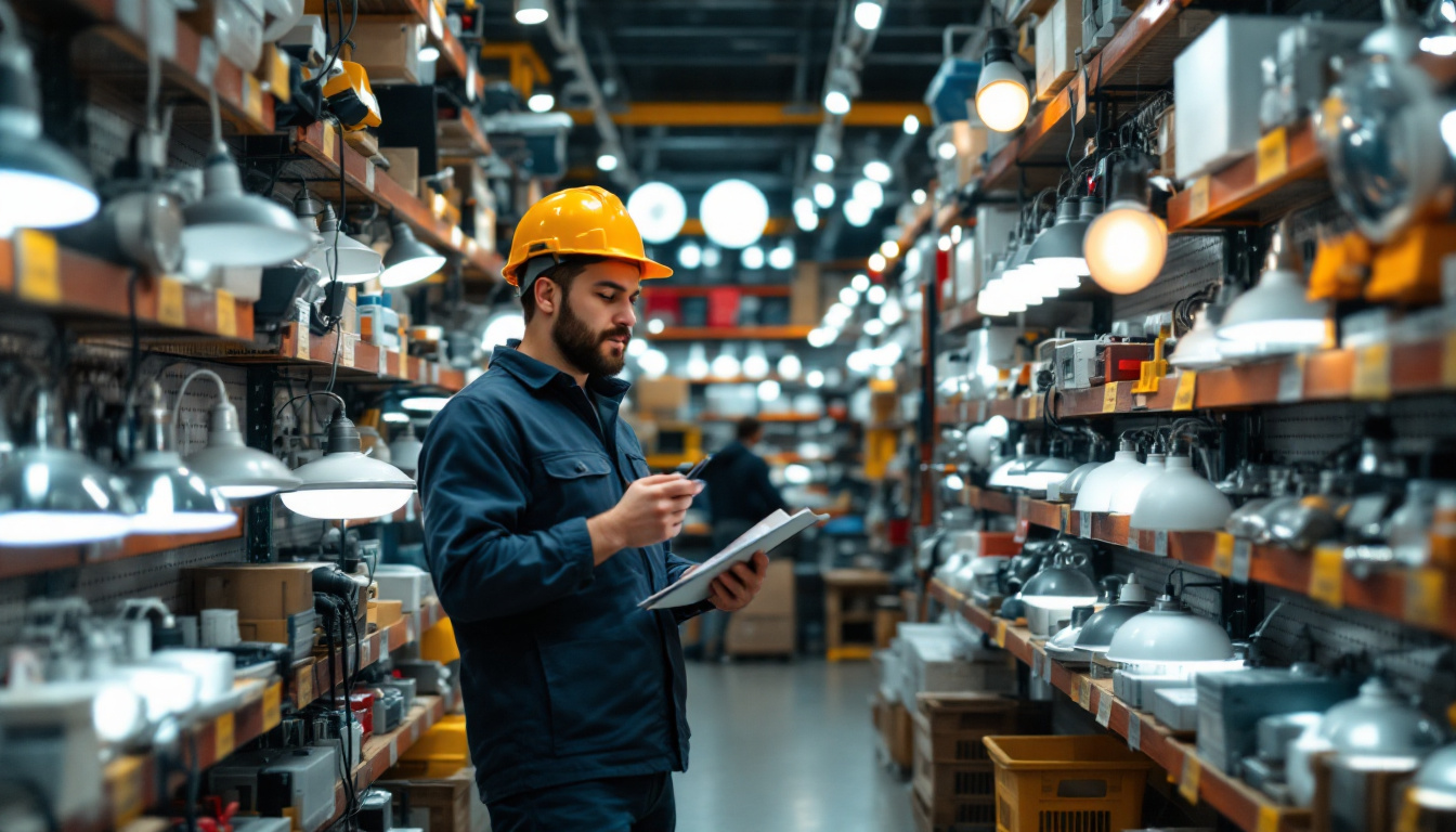 A photograph of a well-organized electrical supply store aisle