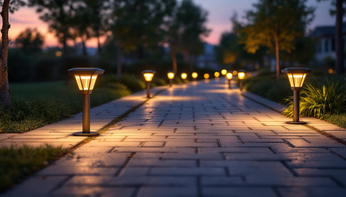 A photograph of a well-lit pathway featuring solar sidewalk lights installed along the edges