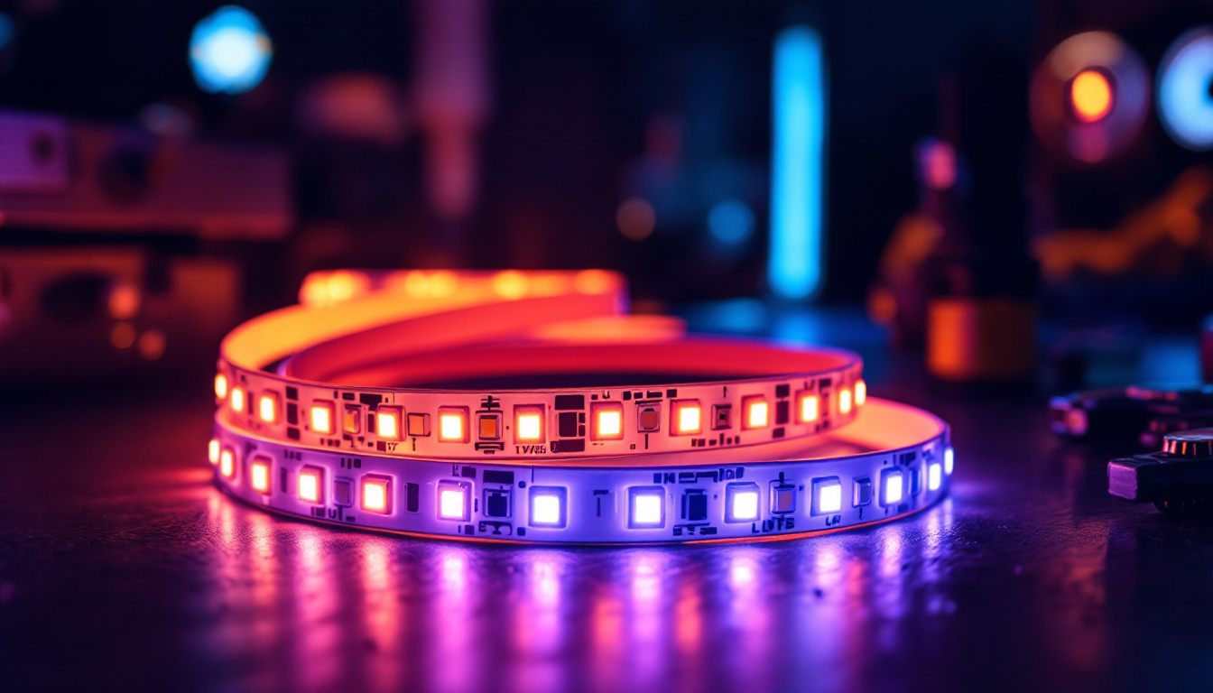 A photograph of a close-up shot of vibrant led strip tape illuminated in a modern workspace