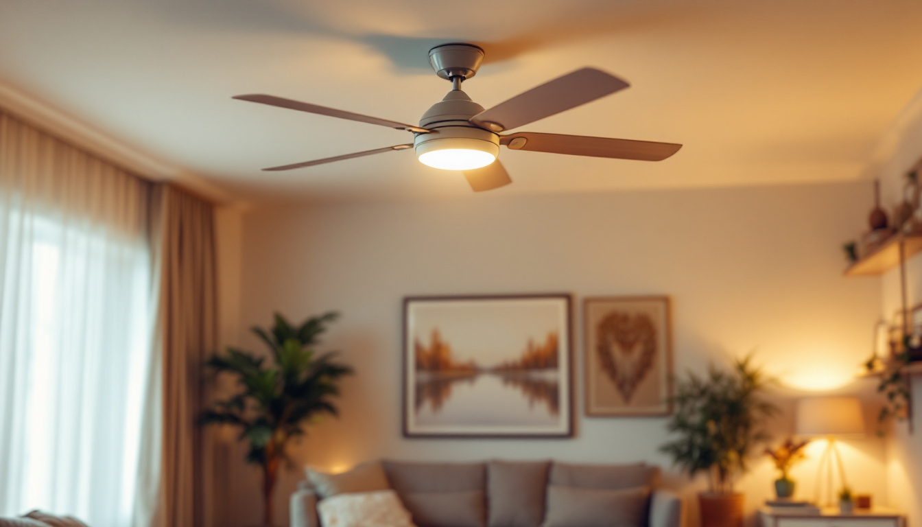 A photograph of a stylish ceiling fan in a well-lit