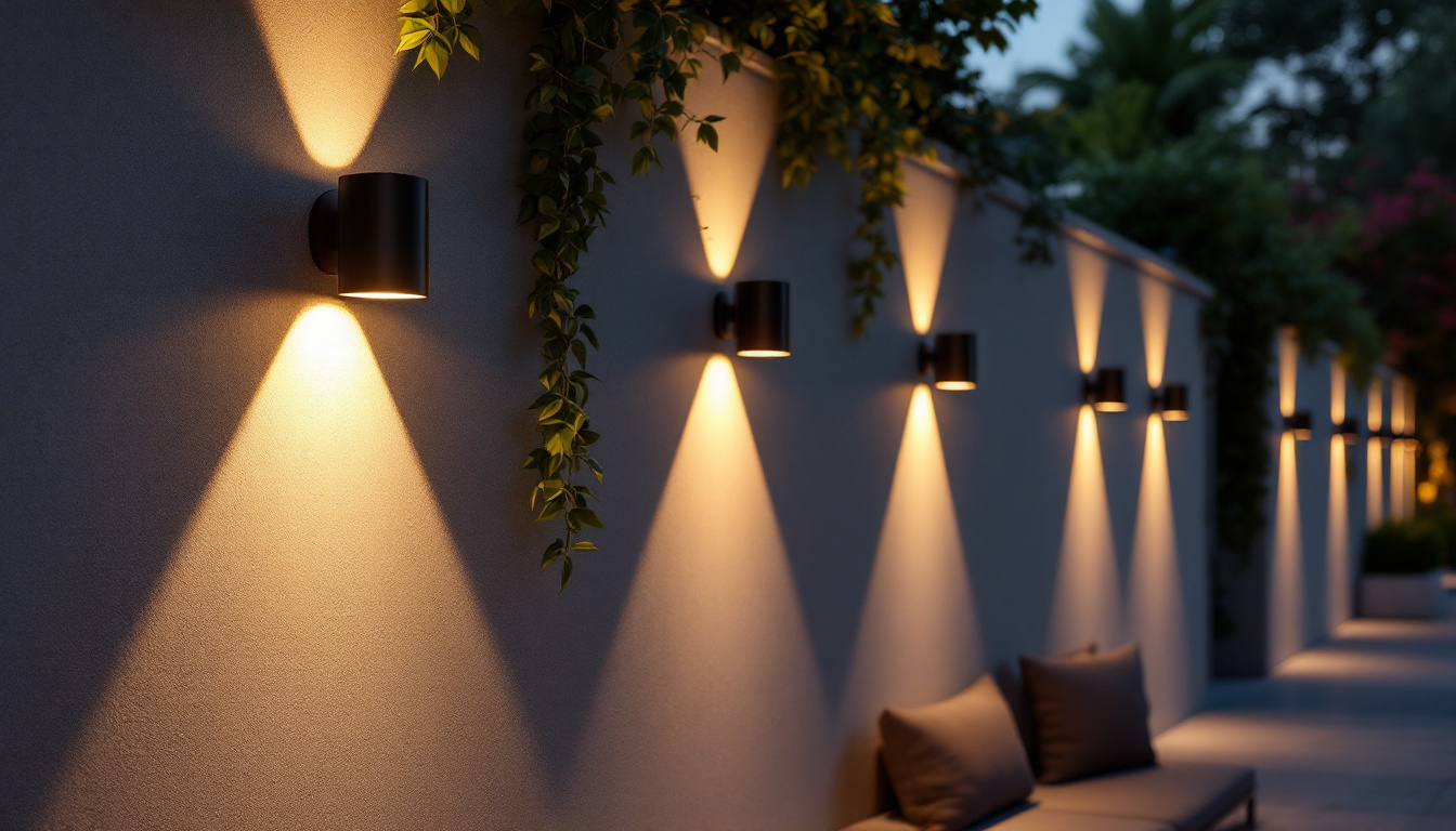 A photograph of a beautifully illuminated outdoor wall featuring stylish wall lighting fixtures