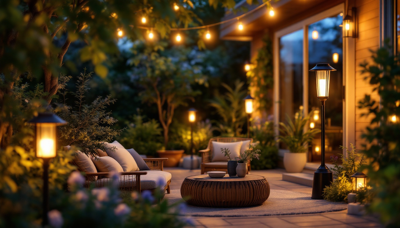 A photograph of a beautifully illuminated outdoor patio scene featuring stylish solar lamps in various designs