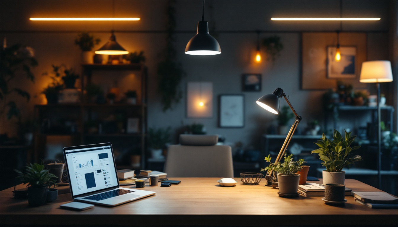 A photograph of a well-lit workspace featuring t12 led lights in action