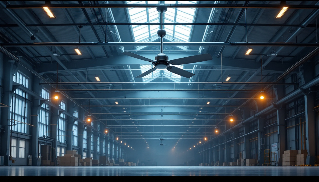 A photograph of a spacious industrial setting featuring a large-scale ceiling fan prominently installed above a well-lit area