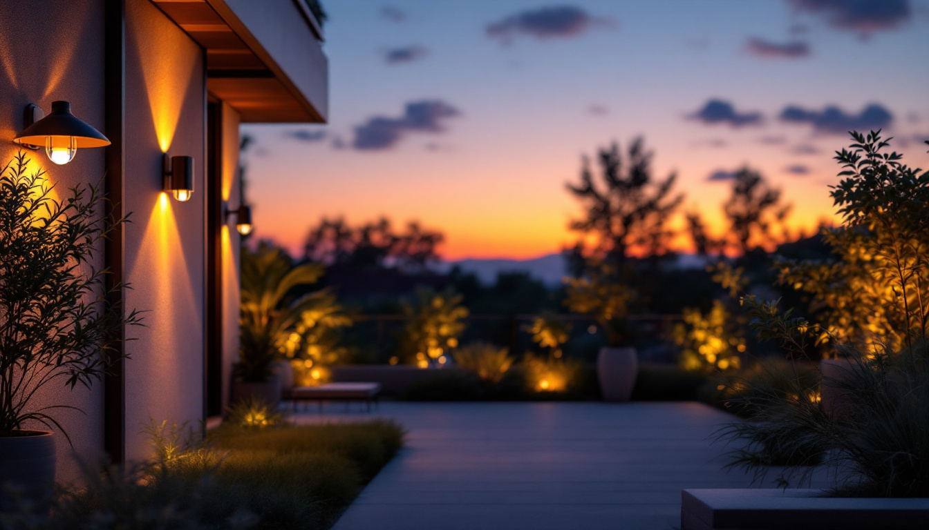 A photograph of a beautifully lit outdoor space featuring various styles of decorative lighting fixtures