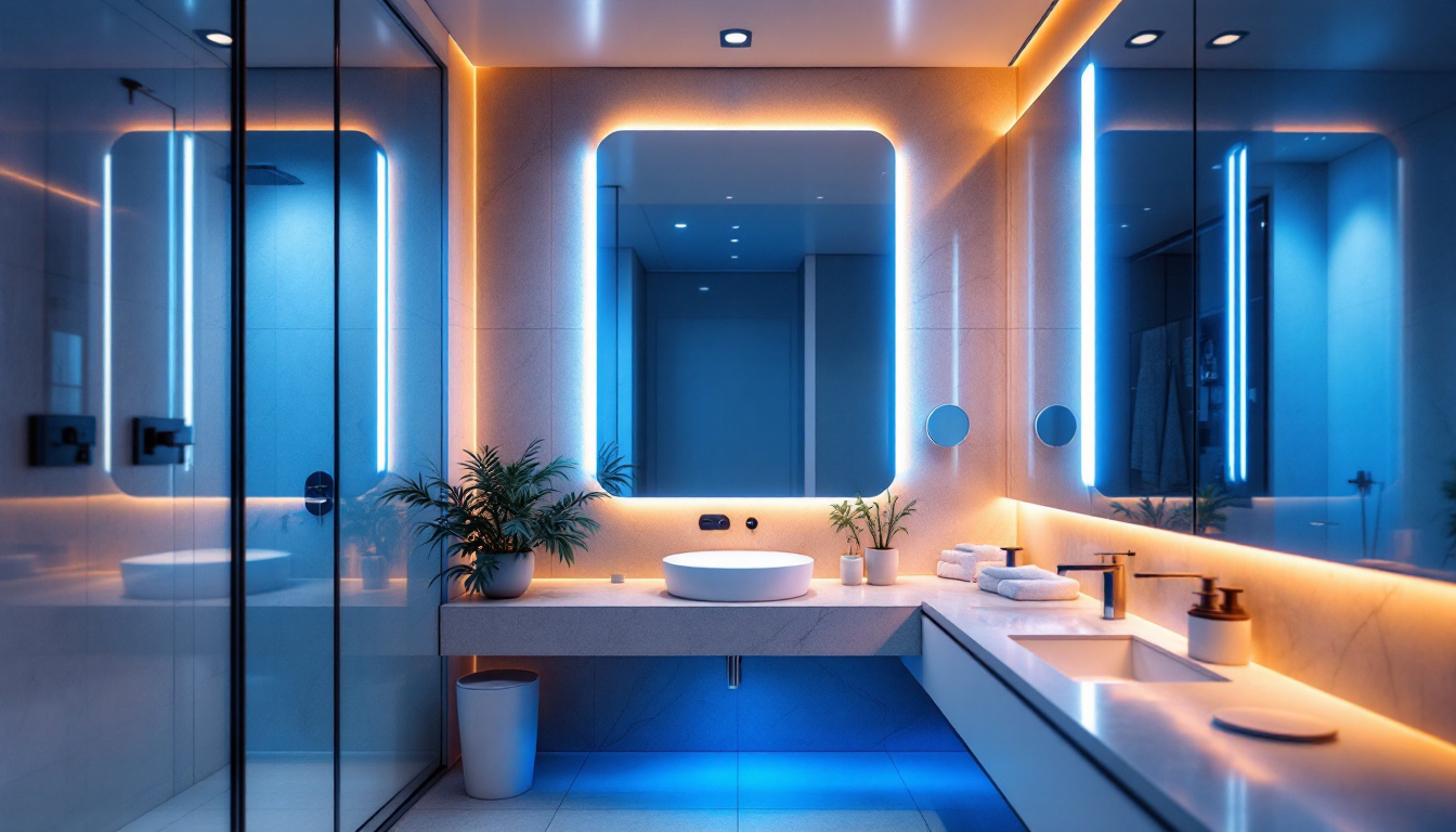 A photograph of a modern bathroom illuminated by stylish led lights