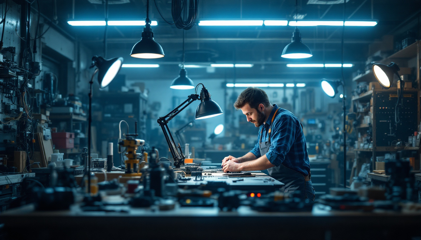 A photograph of a well-lit workshop scene featuring a variety of shop lights in use