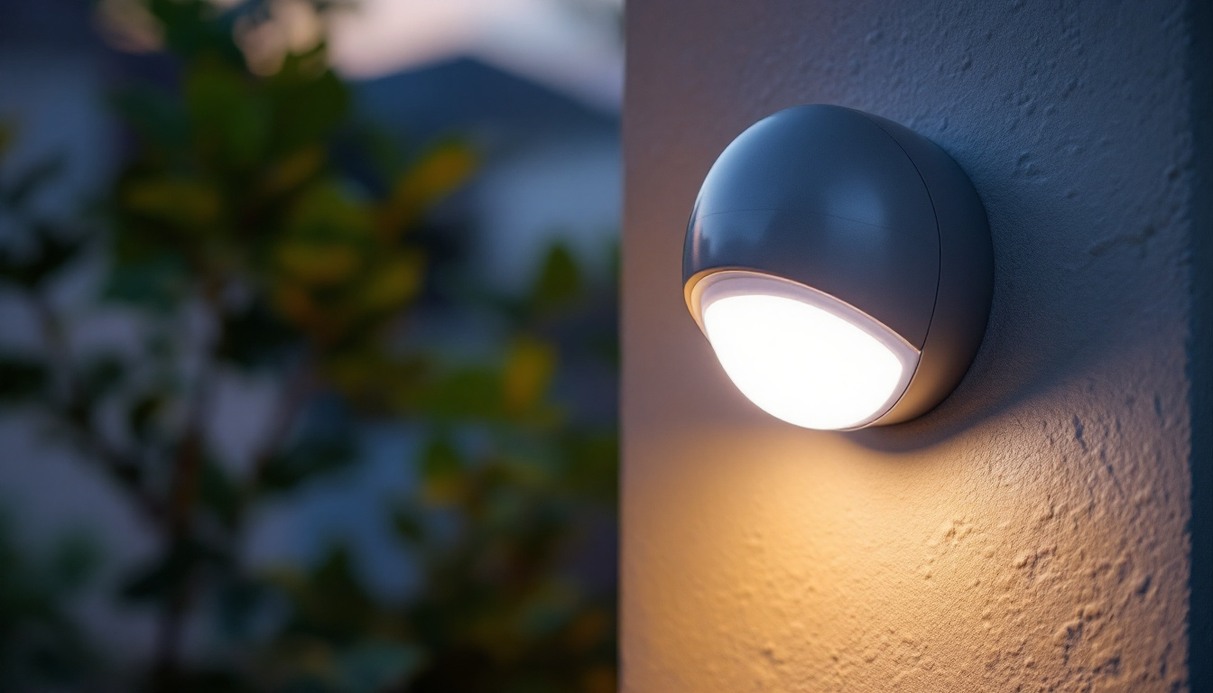 A photograph of a close-up shot of a motion sensor light installed in an outdoor setting