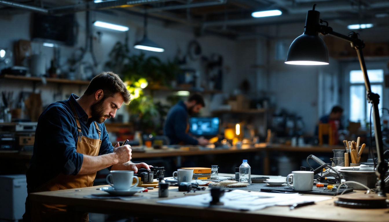 A photograph of a well-lit workspace featuring a feit led shop light in use