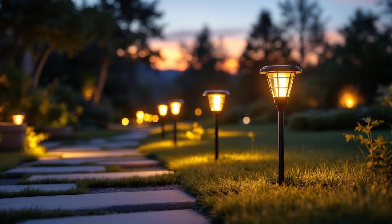 A photograph of a beautifully illuminated outdoor space featuring solar stake lights in various designs