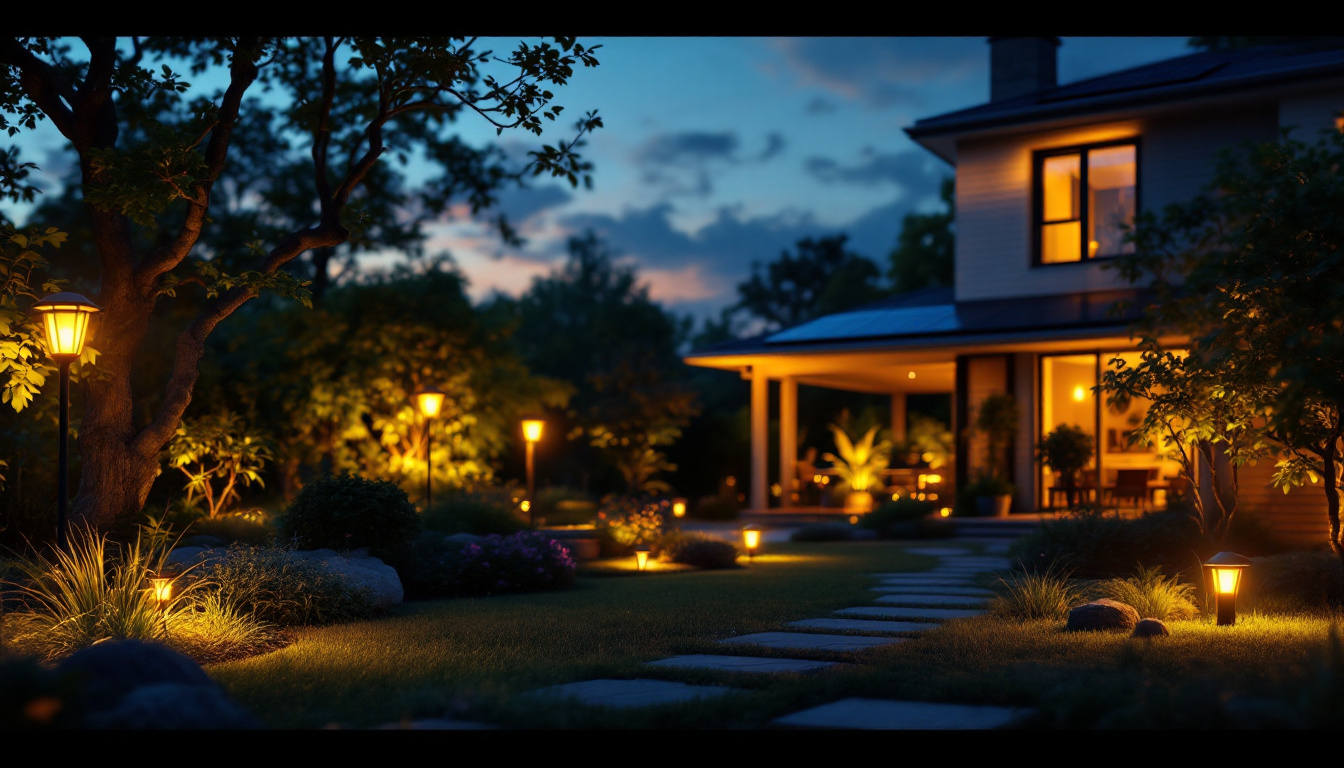 A photograph of a solar-powered backyard lighting setup at dusk
