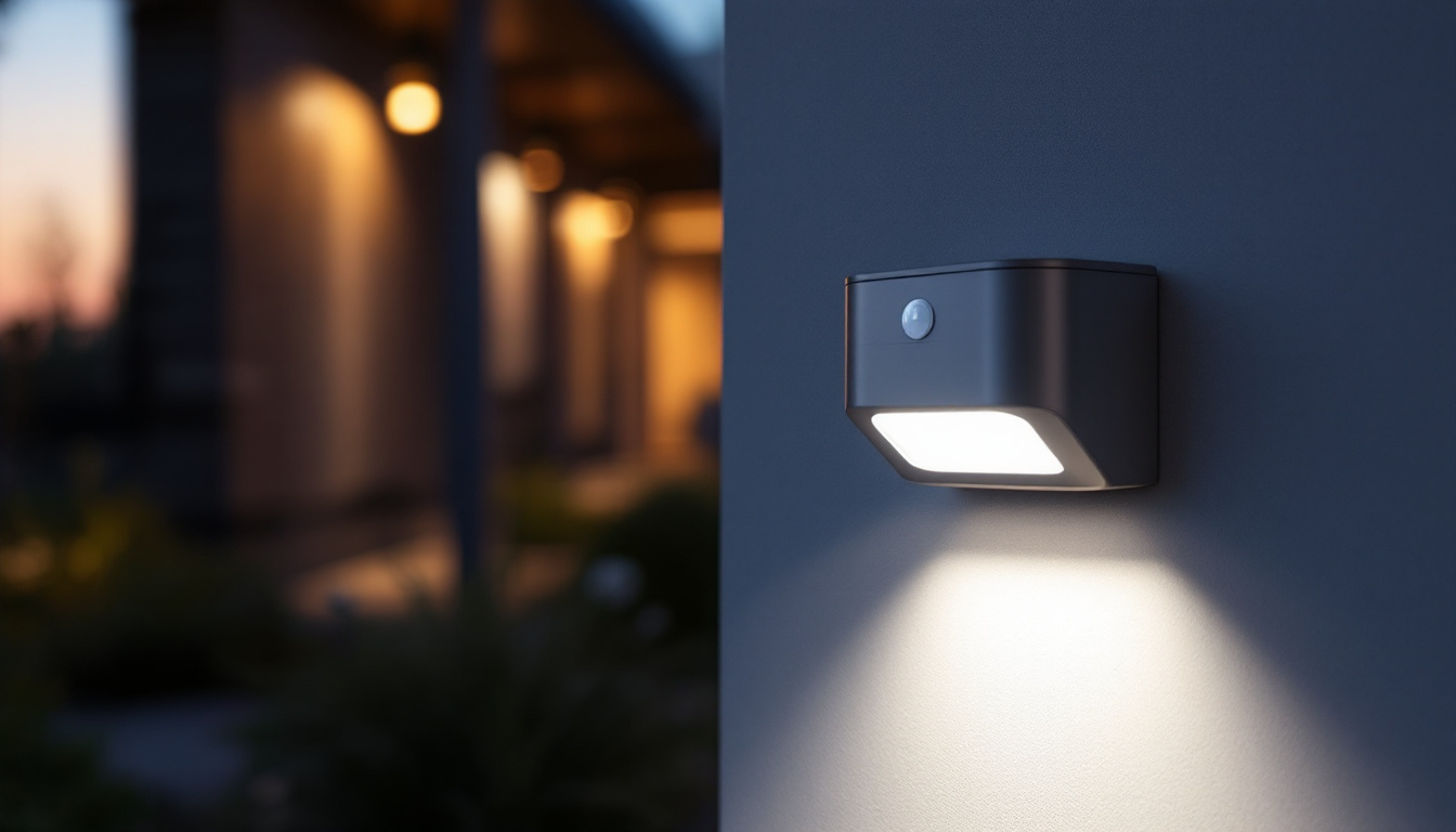 A photograph of a motion sensor led outdoor light installed in a garden or pathway