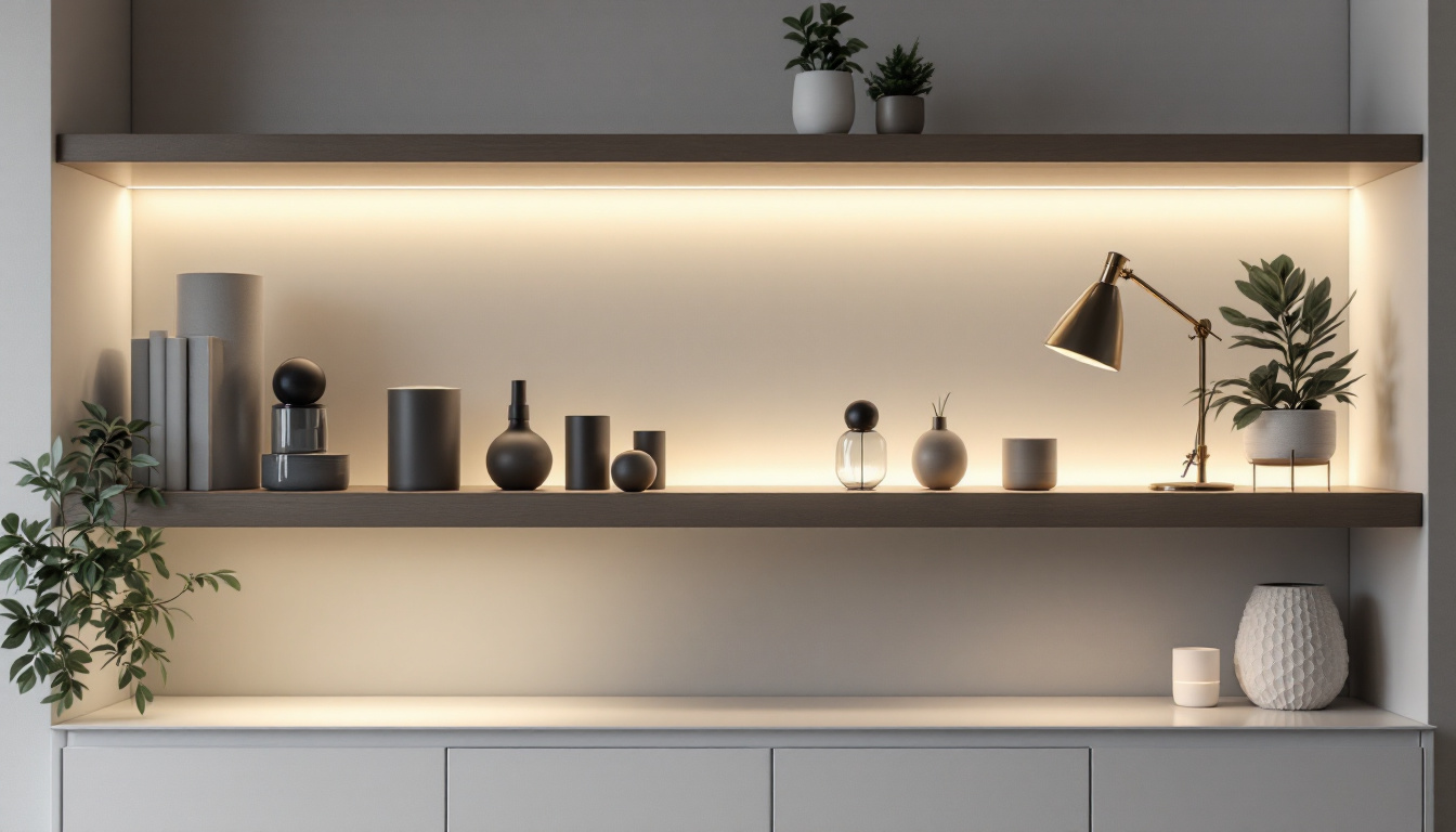 A photograph of a well-lit shelf showcasing various stylish under-shelf lighting options