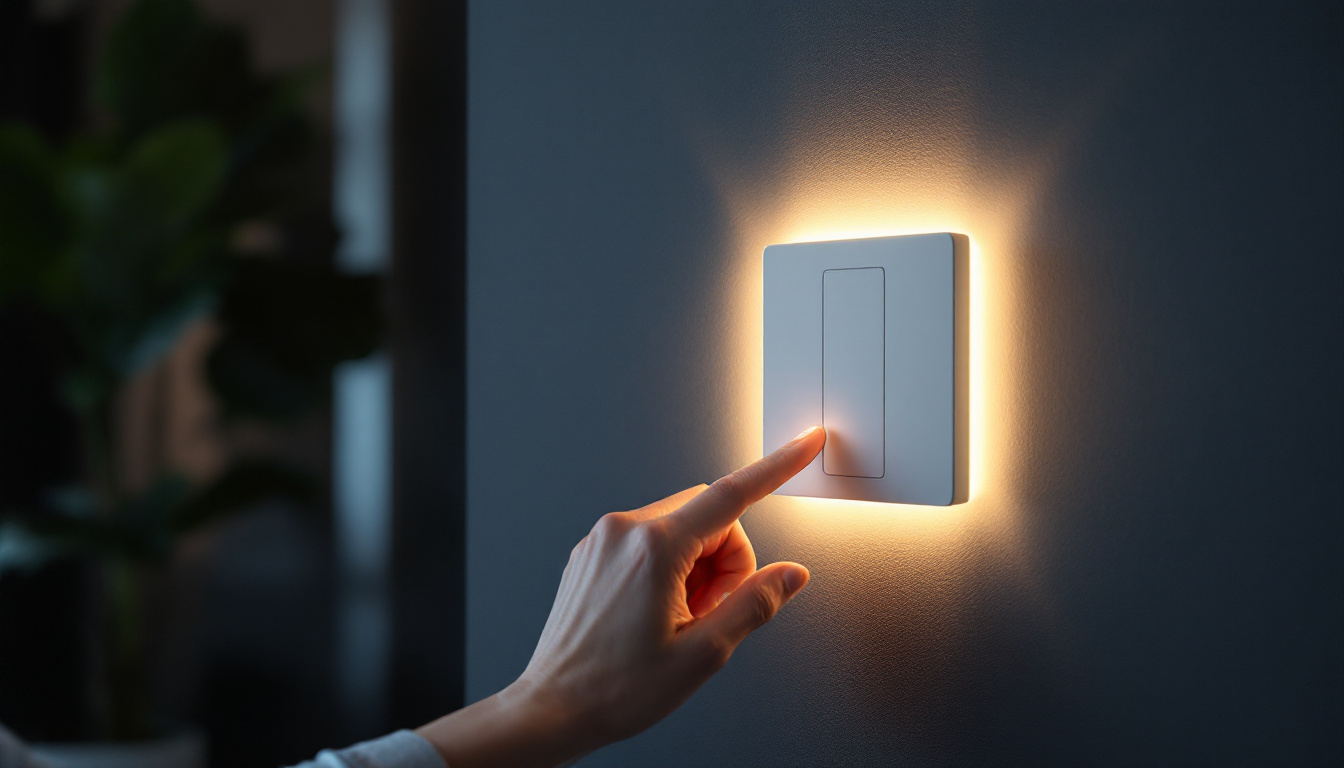 A photograph of a modern wireless smart switch installed on a stylish wall