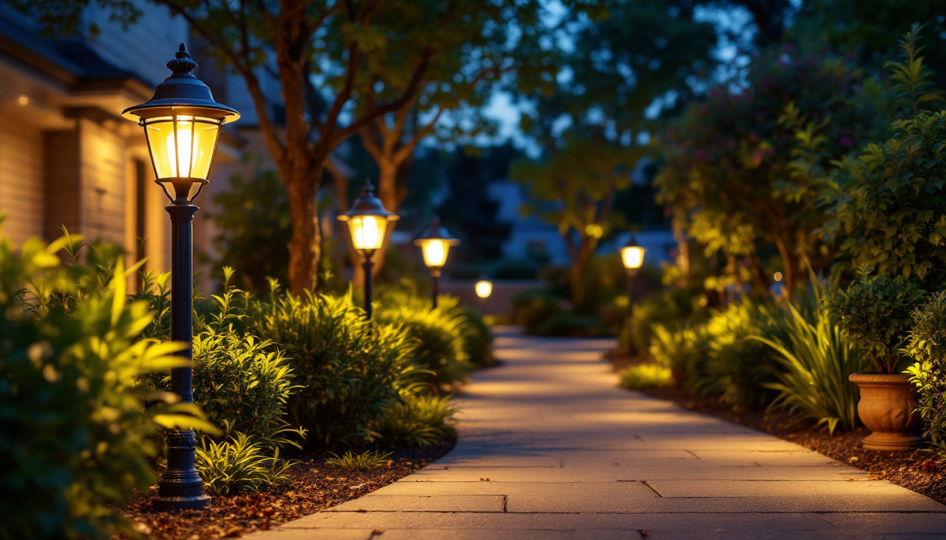 A photograph of a beautifully illuminated outdoor space featuring various landscape lighting fixtures