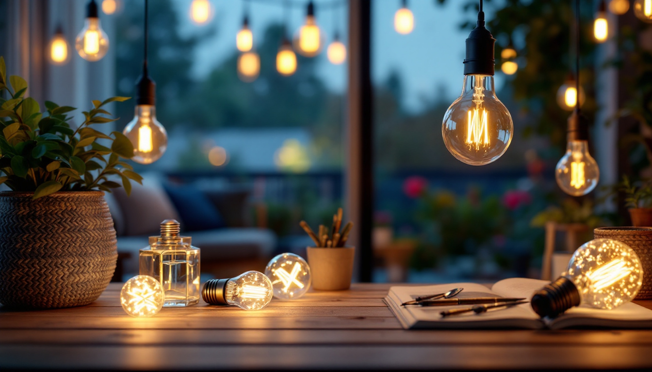 A photograph of a beautifully arranged scene featuring decorative led globe bulbs in various fixtures