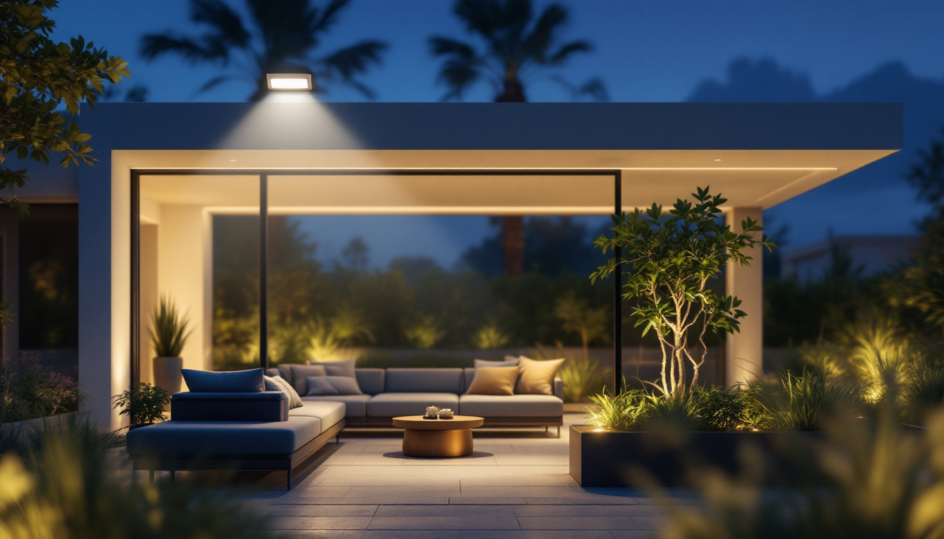A photograph of a modern outdoor space illuminated by a sleek led flood light