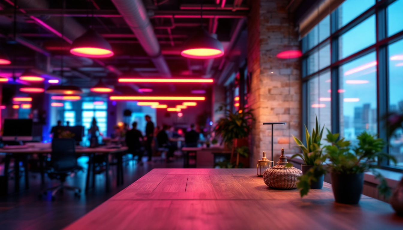 A photograph of a modern workspace or commercial environment showcasing vibrant led lighting