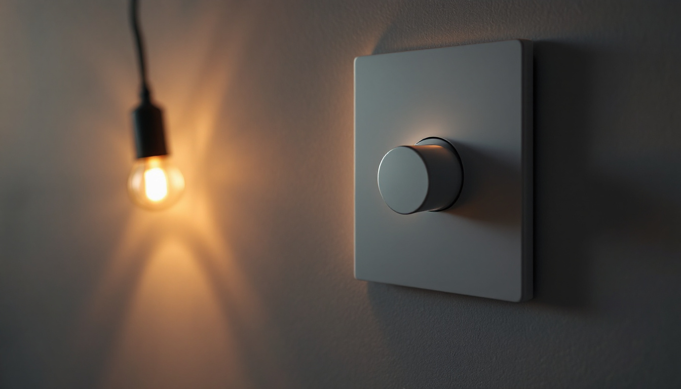A photograph of a stylish dimmer switch installed on a well-lit wall