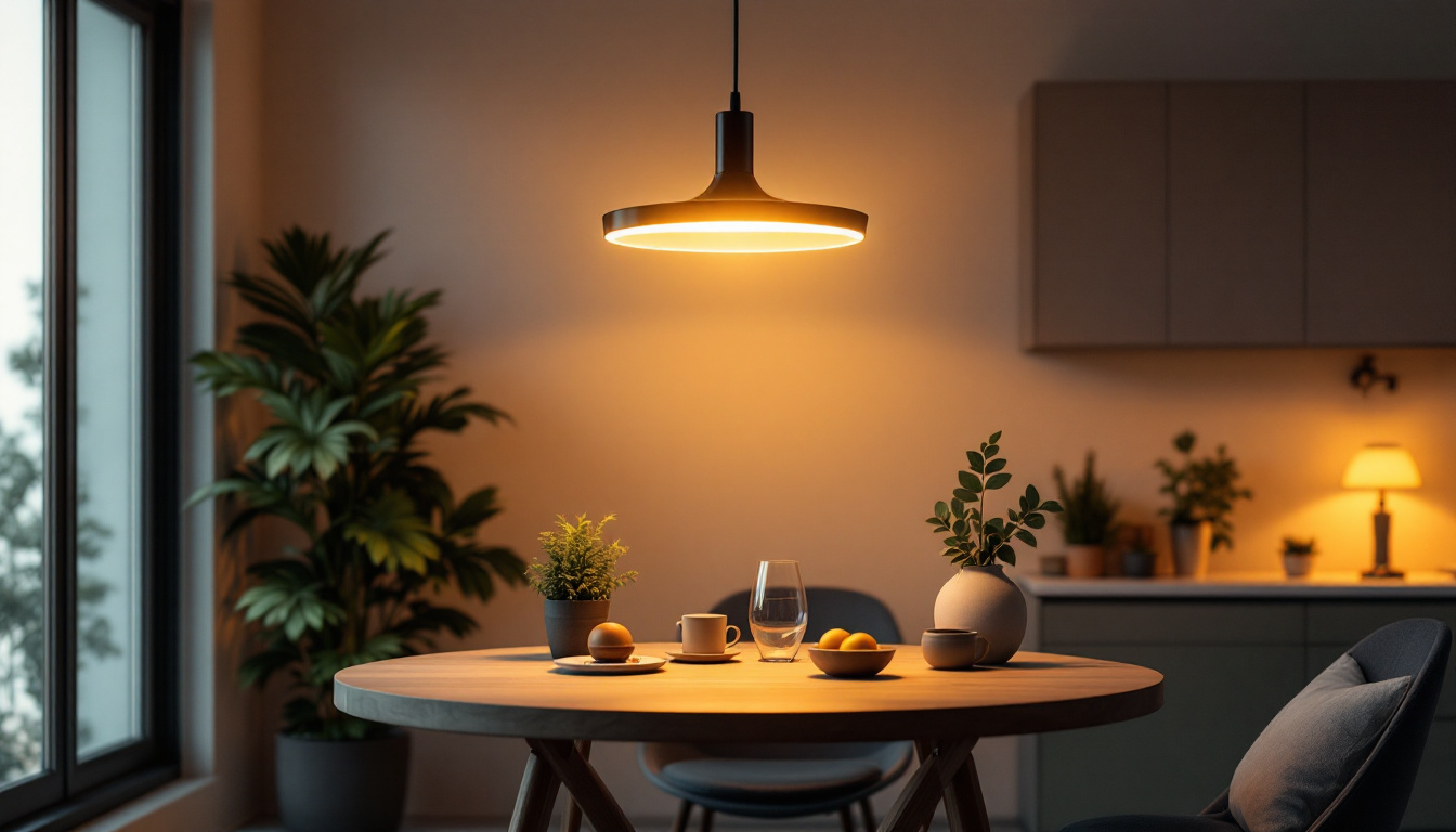 A photograph of a stylish led pendant light fixture elegantly illuminated in a modern interior setting