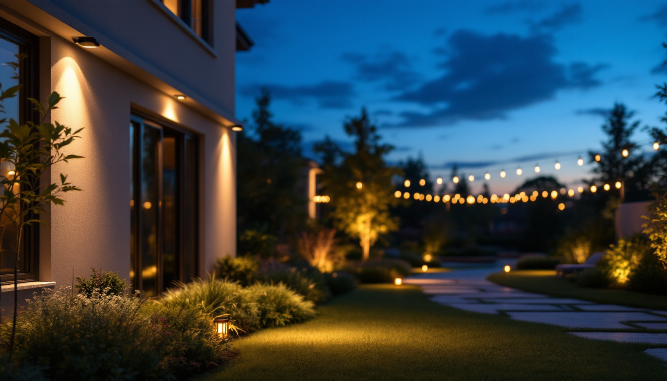 A photograph of capture a photograph of an outdoor space showcasing both up and down lights illuminating a beautifully landscaped area at dusk