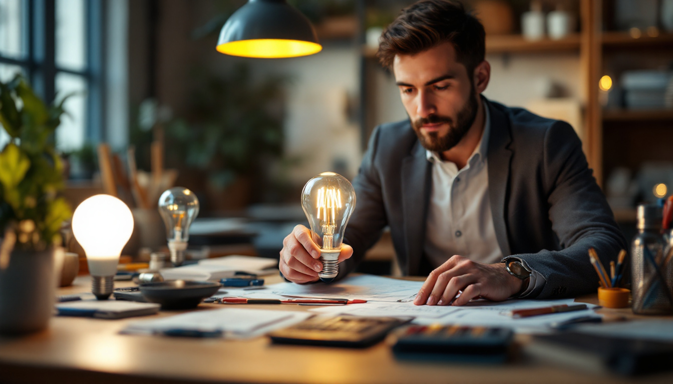 A photograph of a well-lit workspace featuring an electrical engineer analyzing various light bulb designs and specifications