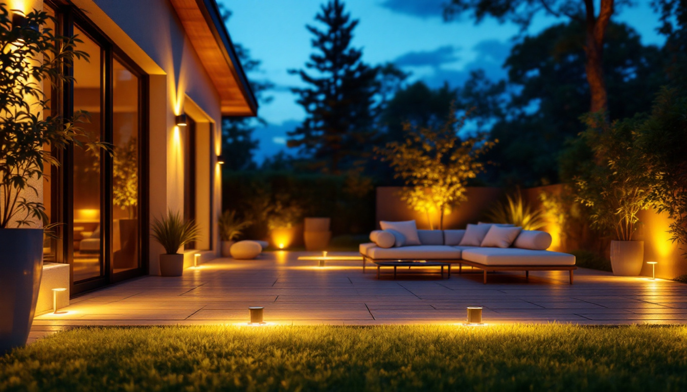 A photograph of a beautifully designed patio illuminated by solar lights at dusk