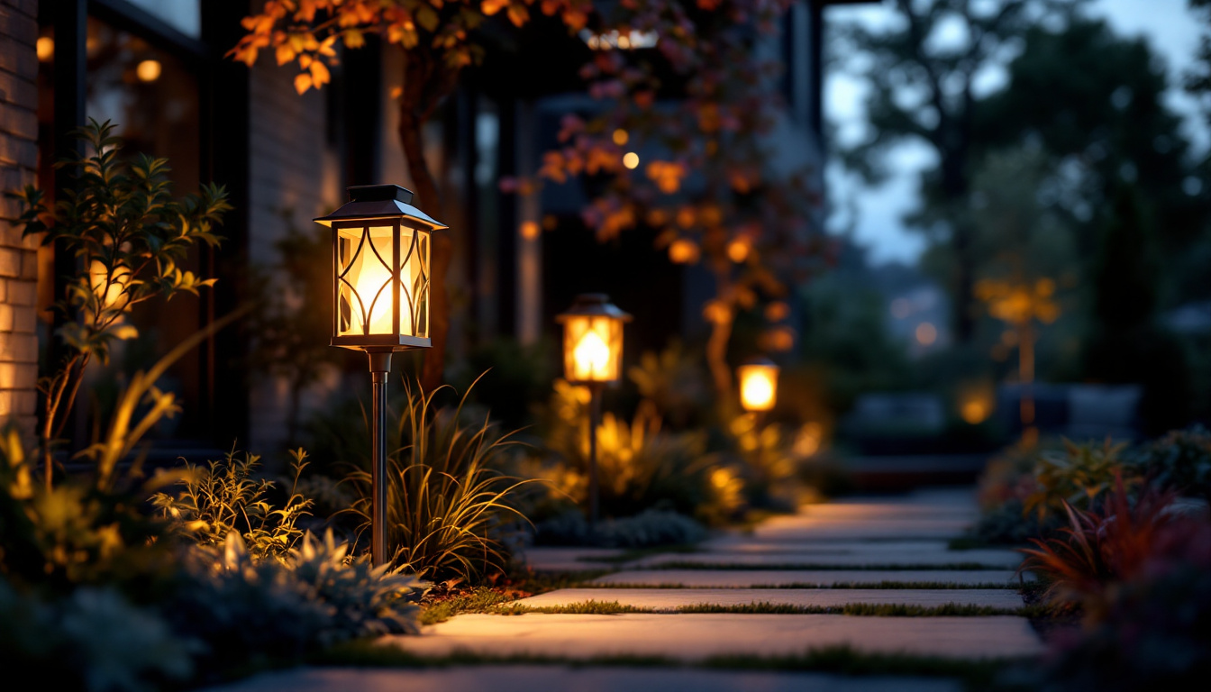 A photograph of a beautifully designed outdoor space illuminated by solar lantern lights at dusk