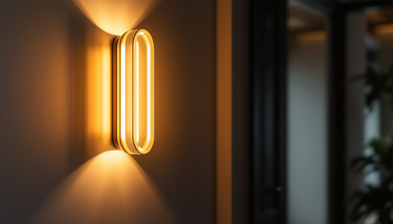 A photograph of a stylish extra large wall sconce illuminated in a modern interior setting