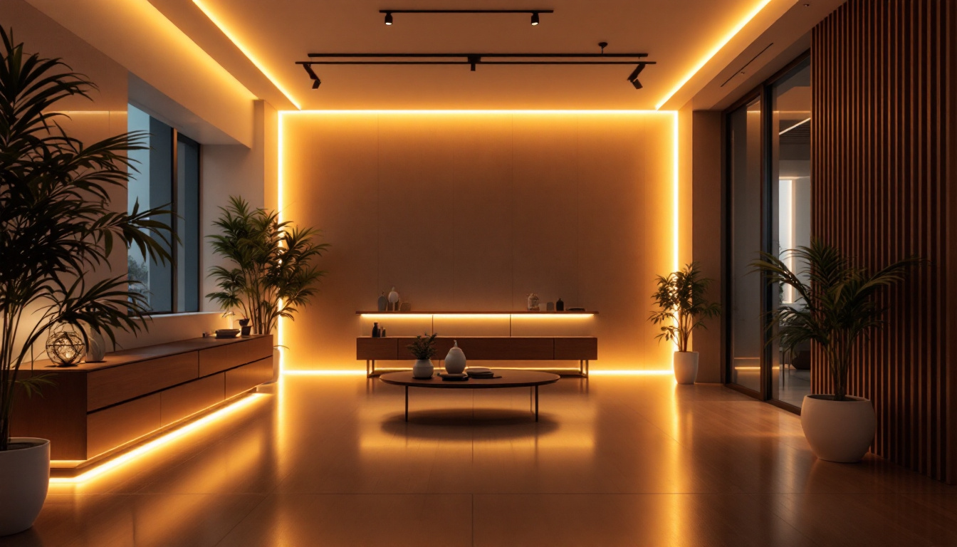 A photograph of a beautifully designed interior space illuminated by 110v led strip lighting