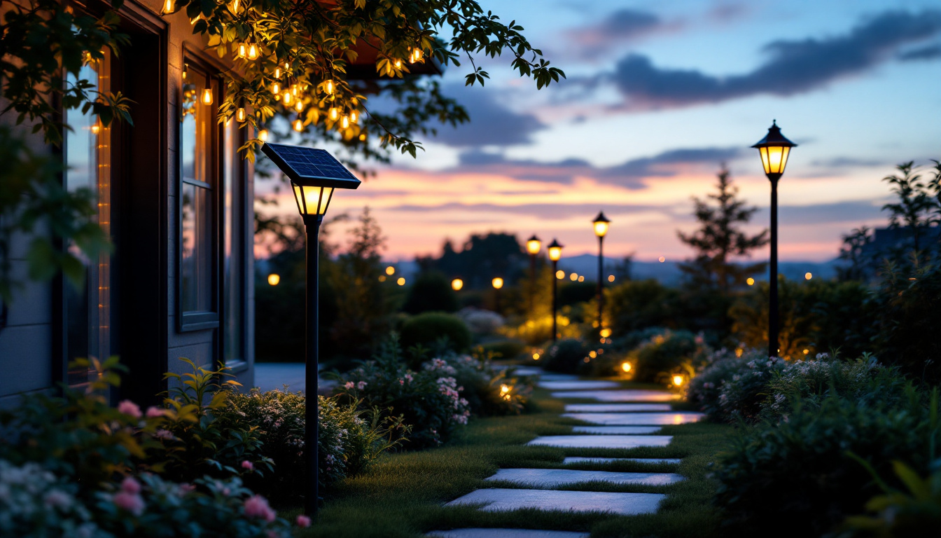 A photograph of a beautifully illuminated outdoor space featuring a solar light sign prominently displayed