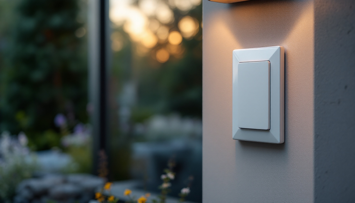 A photograph of a well-designed outdoor electrical cover installed on a stylish light fixture in a landscaped setting