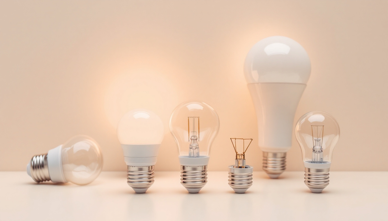 A photograph of a close-up view of various light bulb bases arranged artistically on a clean