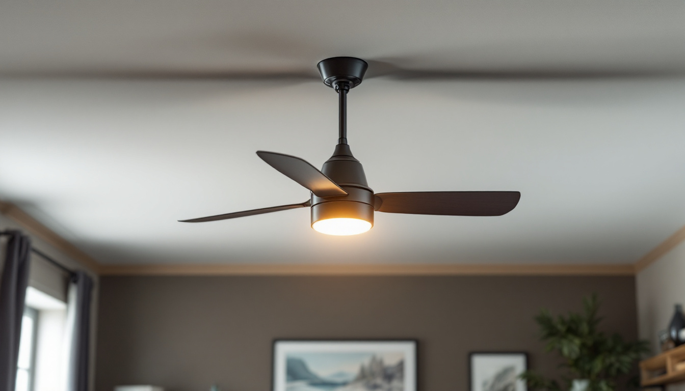 A photograph of a modern industrial-style ceiling fan installed in a stylish interior setting