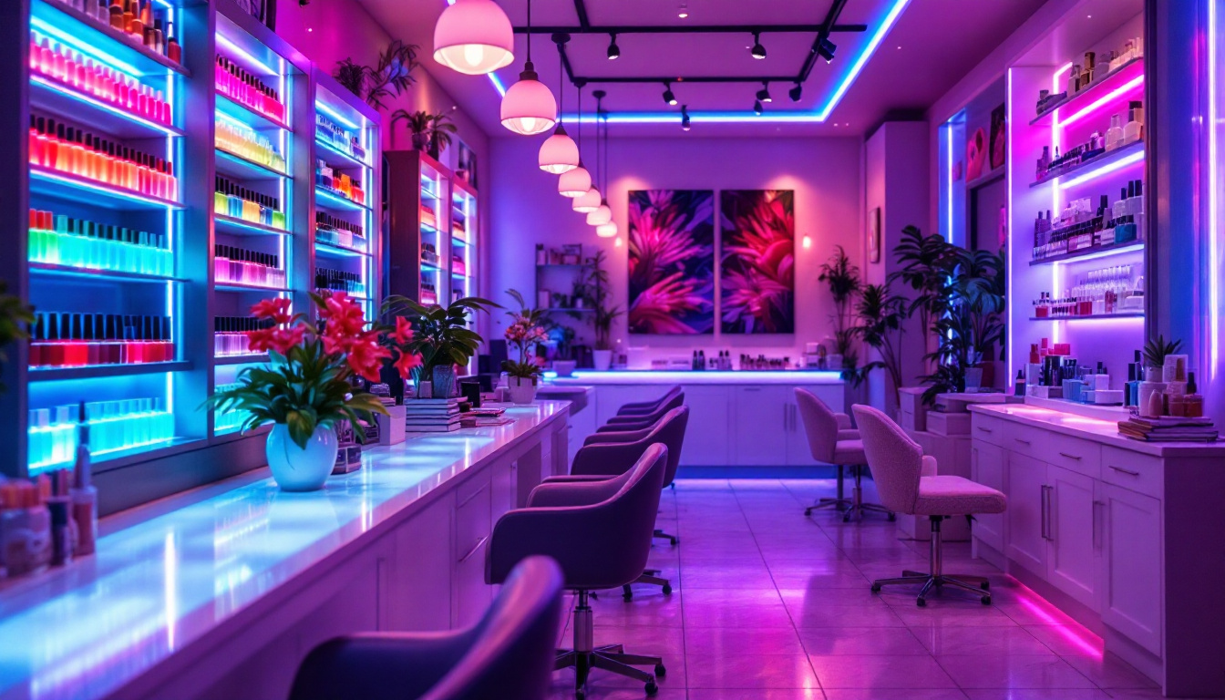 A photograph of a vibrant nail salon interior showcasing led lighting in action