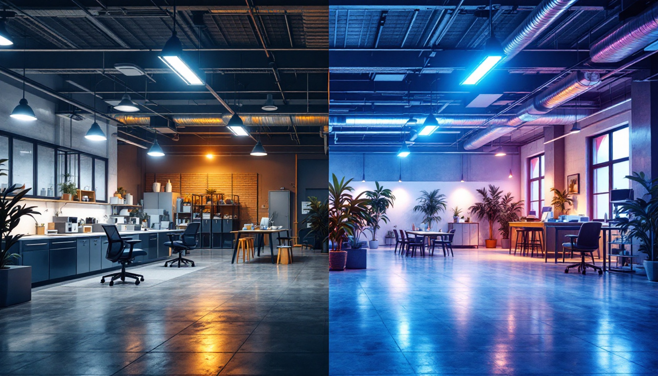 A photograph of a well-lit industrial workspace and a commercial setting side by side