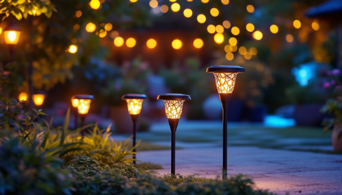 A photograph of a beautifully illuminated outdoor space featuring various styles of solar decorative lights